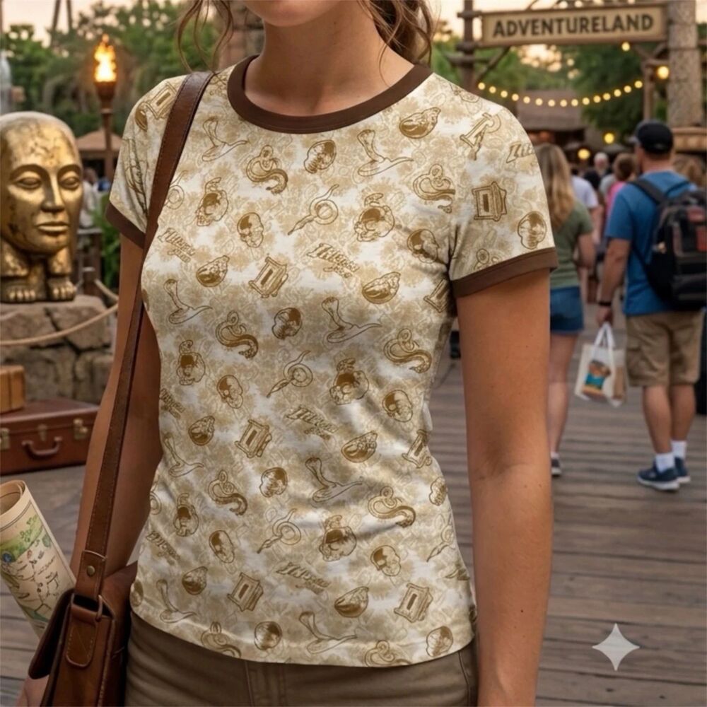 Disney Parks T-Shirt Womens Sz L Hollywood Studios Indiana Jones All Over Print